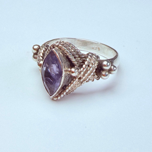 Amethyst .75 CT Solitaire Rope & Granule Sterling Silver 925 Vintage Boho Ring